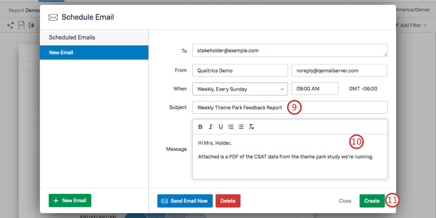 Composing subject and message. Bottom right green create button