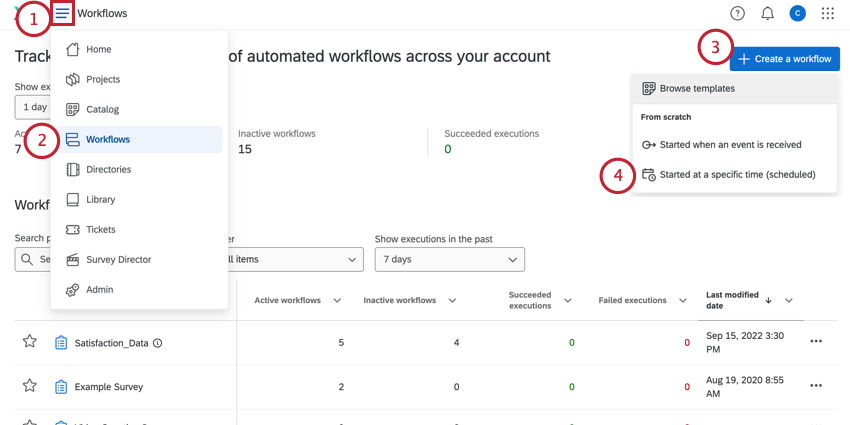 Klicken Sie auf der Seite „Workflows“ auf Workflows erstellen und dann zu einem bestimmten Zeitpunkt gestartet.