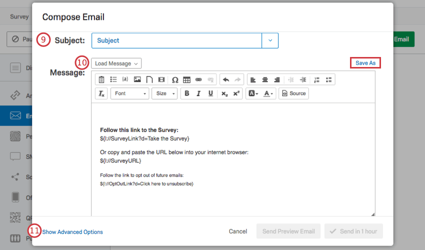 Subject Line, Load Message dropdown, Save As option, and Show Advanced Options