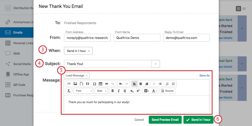Agendamento da janela de e-mails de agradecimento