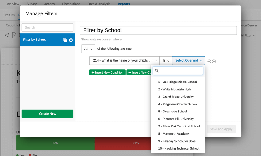 Filtro em um relatório em que a pergunta está selecionada e estamos vendo uma lista de nomes de escolas