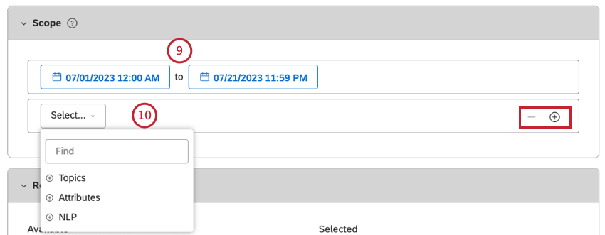In the Scope section, you can limit the scope of the investigation to a given time period, a geographic region, customer demographic, or other criteria. Select from and to dates to define the time period for the investigation.