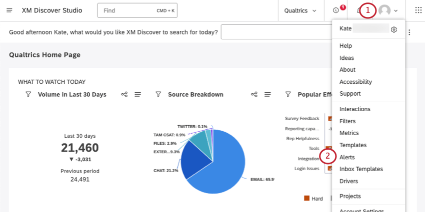 haciendo clic en el icono de perfil en la parte superior derecha y seleccionando alertas
