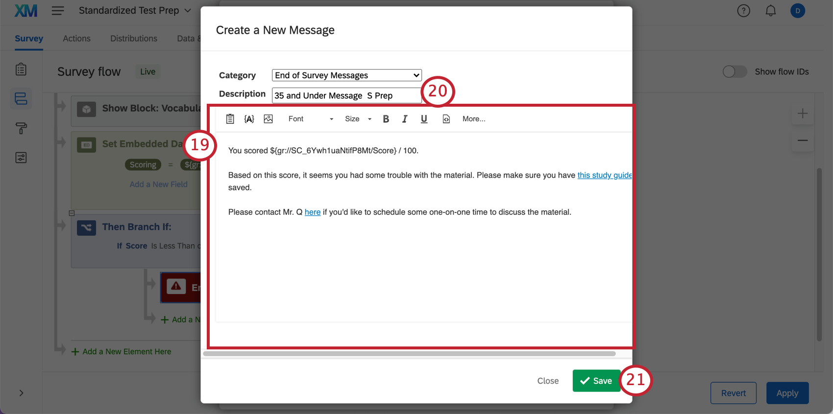 Sample message has score piped in and a helpful name