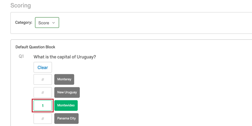 Pagina di punteggio con una scelta della domanda a cui è stato assegnato un punteggio per indicare che è corretta
