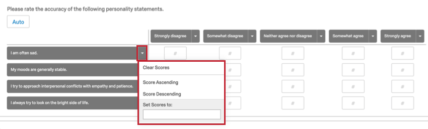 A personality assessment matrix. Dropdown next to first statement expanded to show options