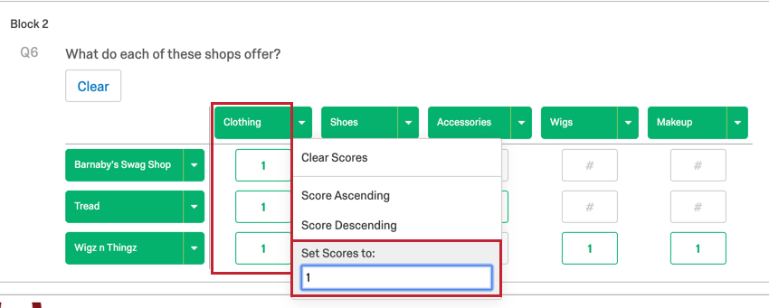 Score défini sur 1, et toute la colonne correspondante a 1 point pour chaque ligne