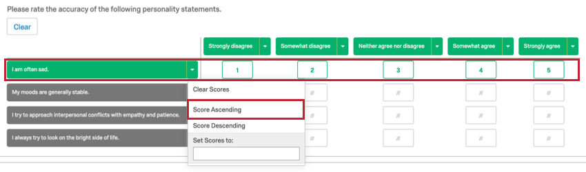 Score ascending selected, so the answers for the row go up a point as they proceed