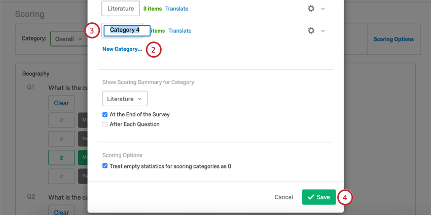 Adding scoring categories in the new window that opens over the scoring editor