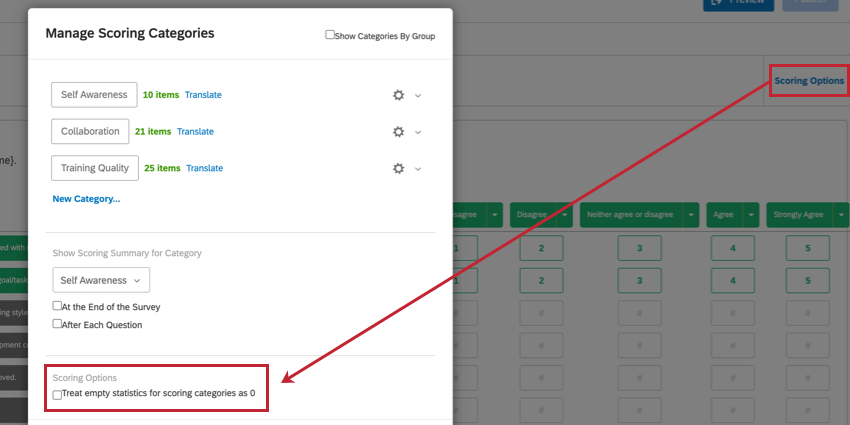 en naviguant vers les options de notation et en sélectionnant Traiter les statistiques vides pour les catégories de notation comme 0