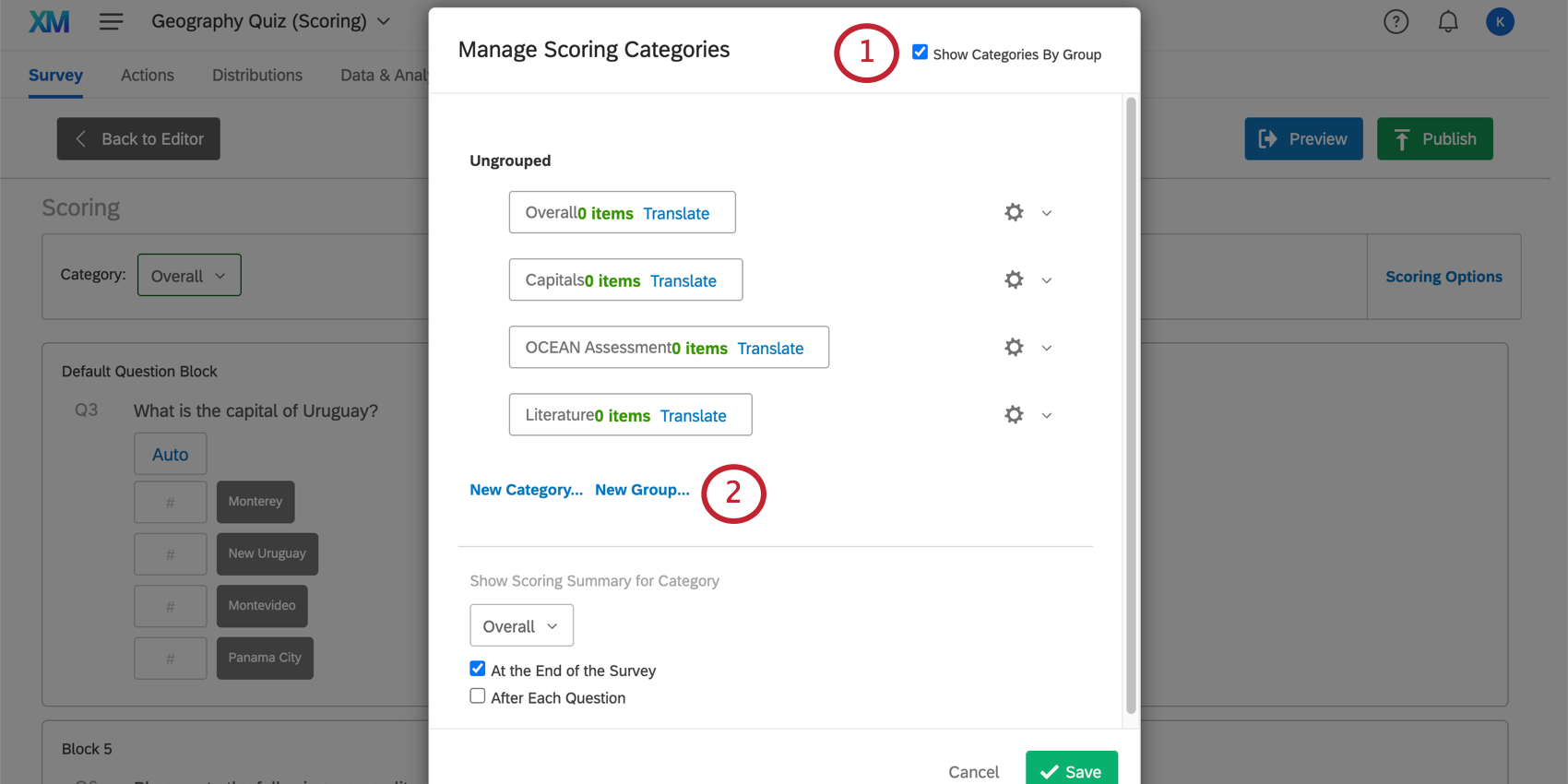 Show Categories by Group is selected in upper-rightmost corner of manage scoring categories window