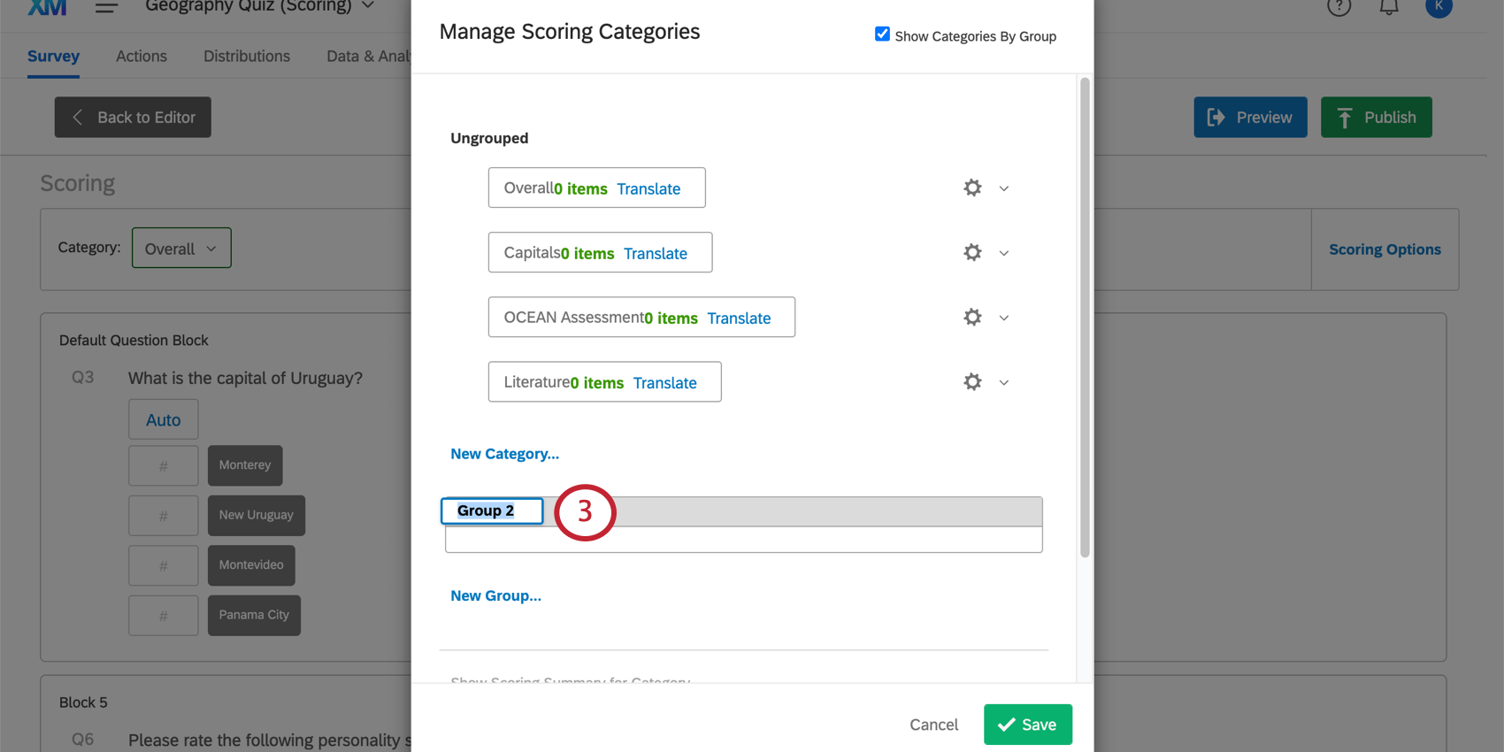 Along the bottom, creating scoring category groups