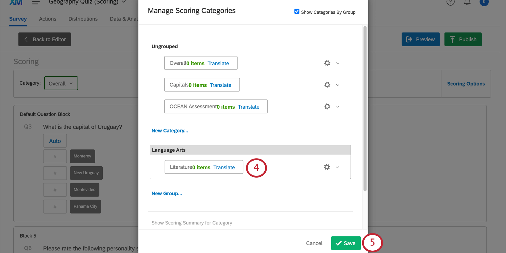 Dragging scoring categories into the groups along the bottom