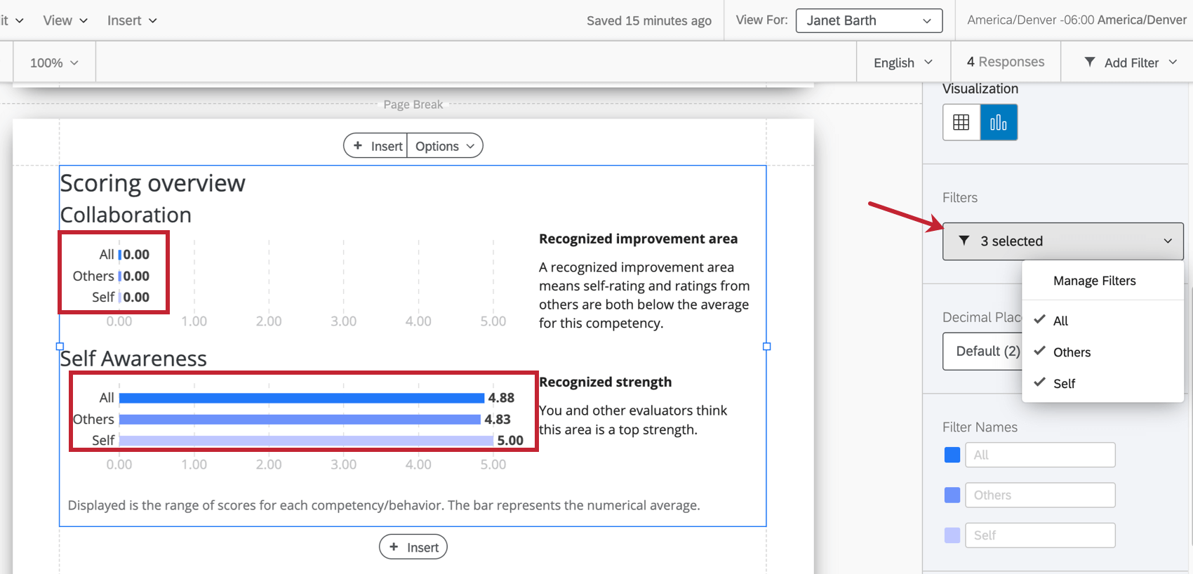 Mostrar cómo los filtros seleccionados en el panel de edición corresponden a lo que se muestra en el gráfico mismo