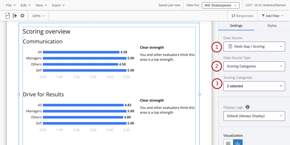 Click on a visualization to open the editing pane. First three dropdown fields regarding data sources are highlighted here
