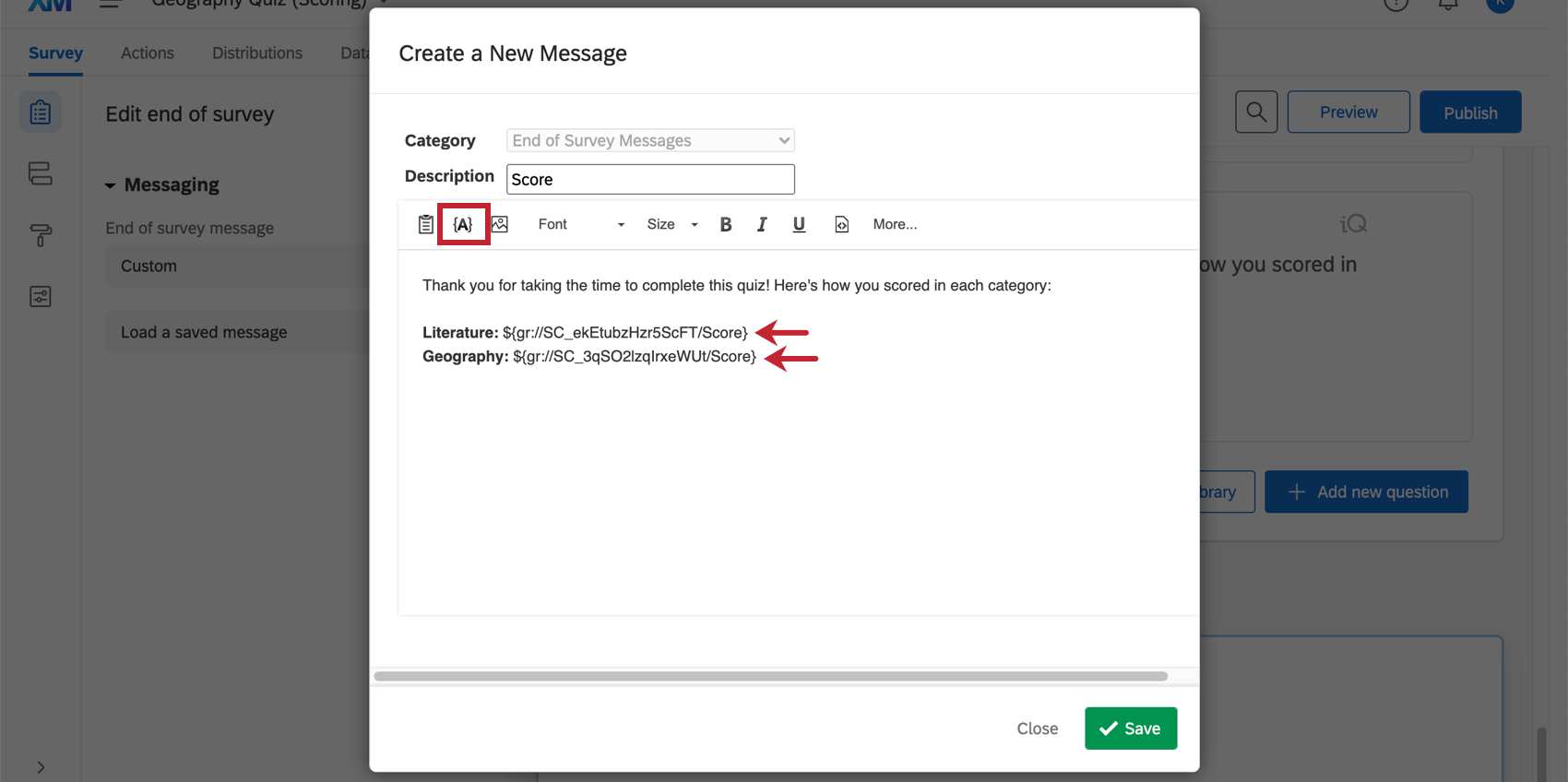 Piped text in an end of survey message.