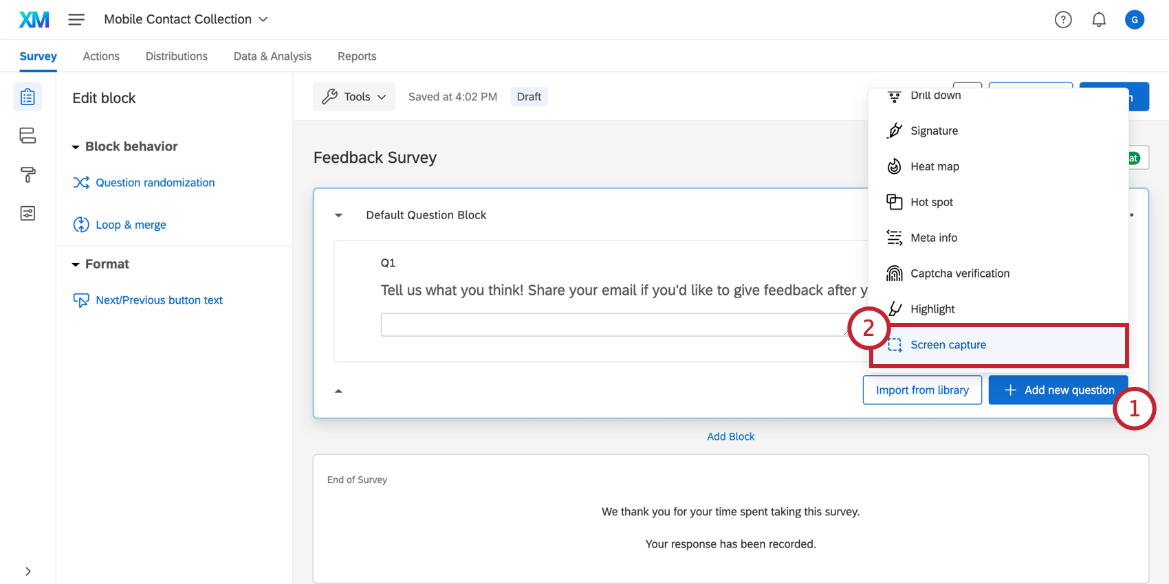 Creating a screen capture question