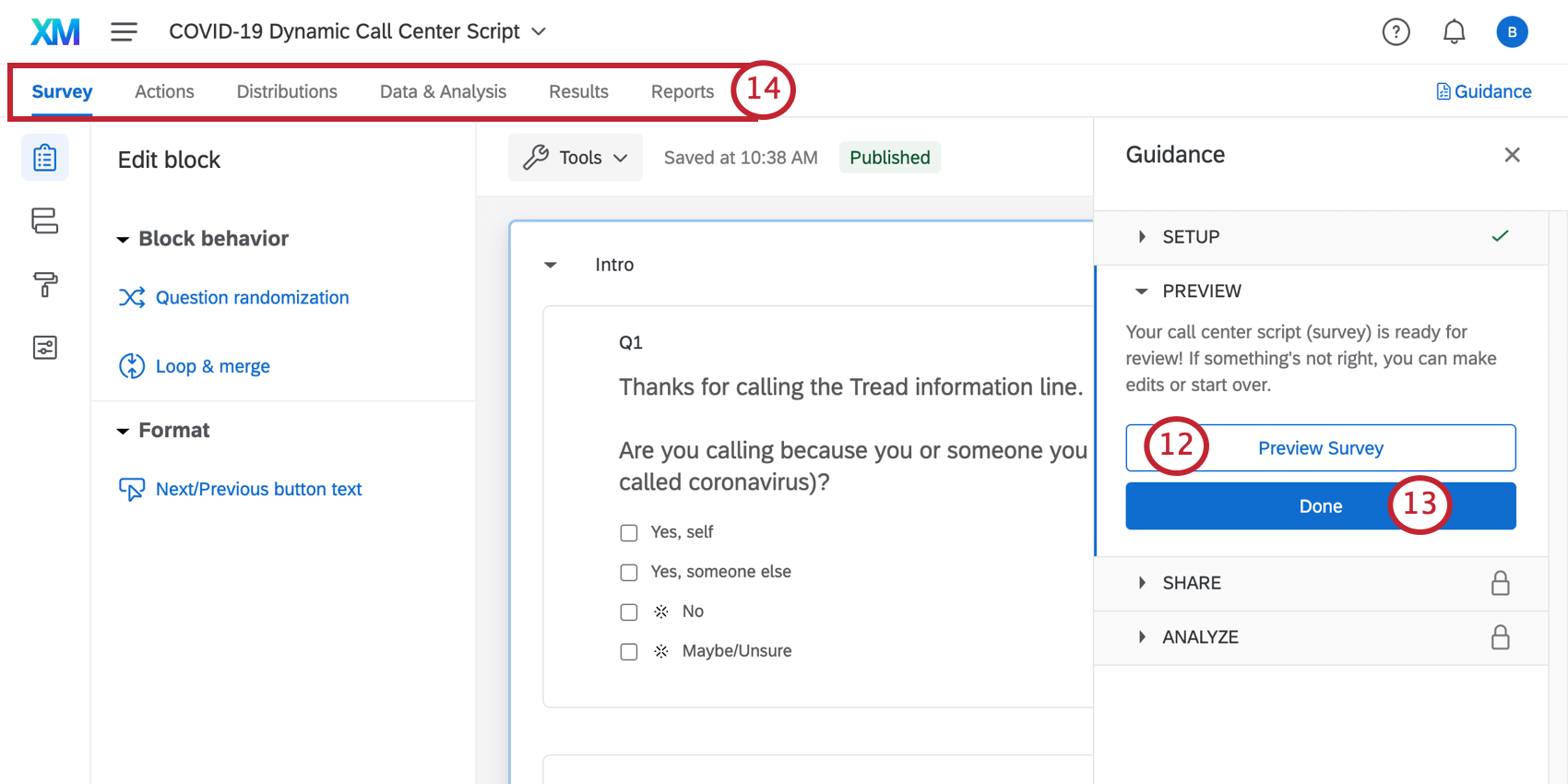 Survey builder open with a guidance sidebar to the right that takes you through key steps