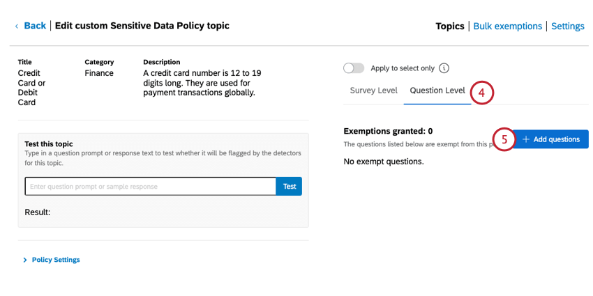 aller dans la section du niveau de la question et ajouter une exemption pour une question