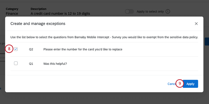choosing the questions to ad exemptions for