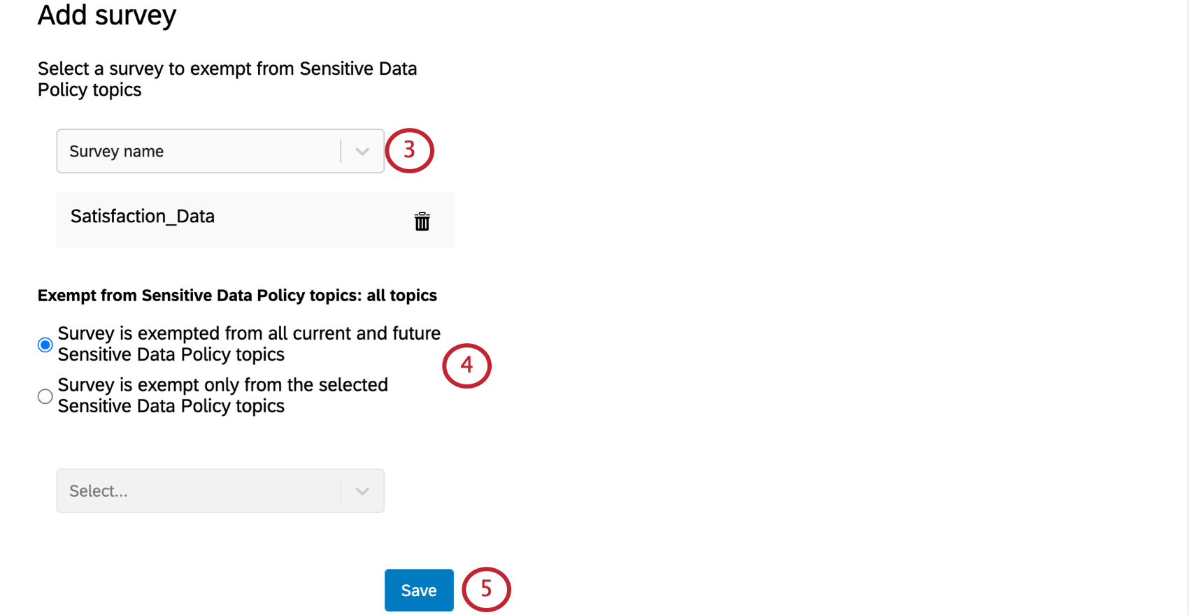 Dropdown-Liste, in der Sie aus einer Liste von Umfragen auswählen können. Optionen wie in der Umfrage beschrieben