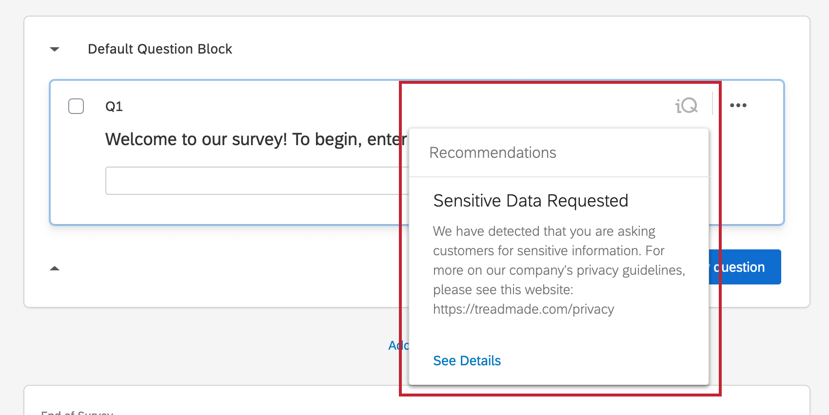 image showing the "sensitive data requested" warning in the survey editor