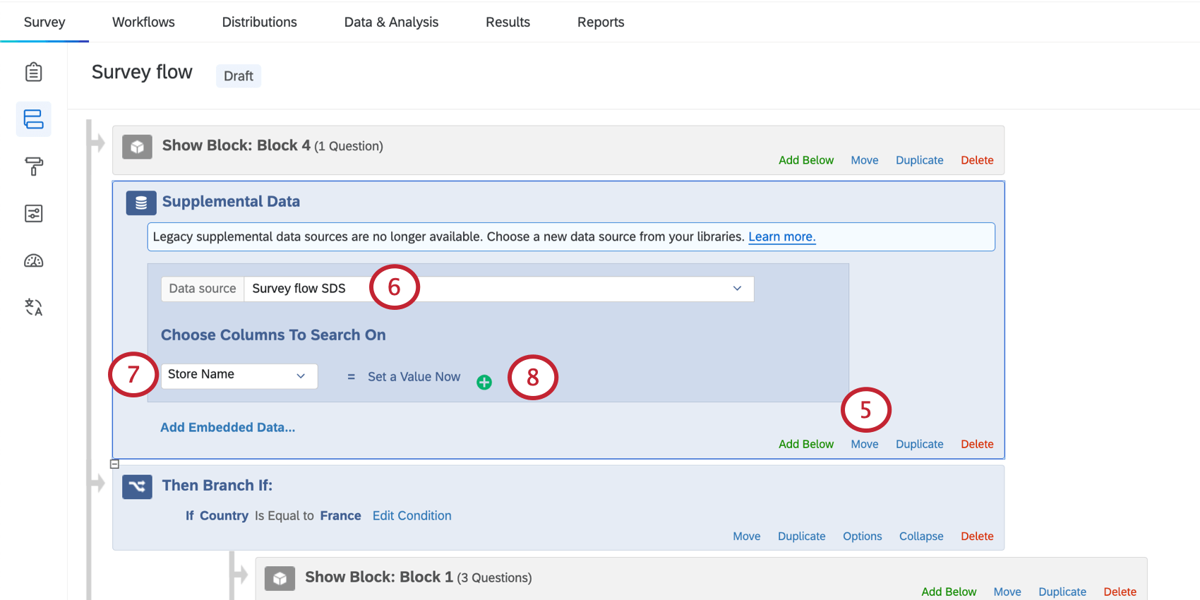 Moving the SDS above a specific block in the flow, then editing its configuration