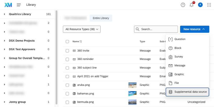 in the library, clicking the create button and selecting supplemental data source