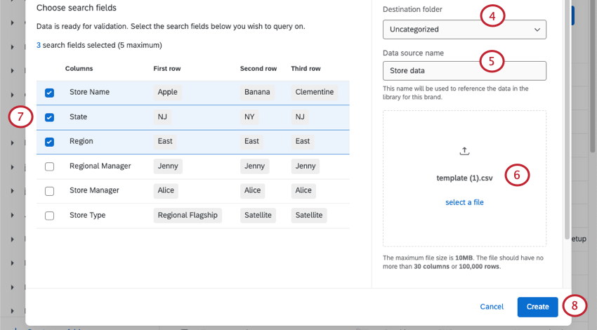 Spreadsheet data loads in new window, selecting fields to act as searchable fields, before saving changes