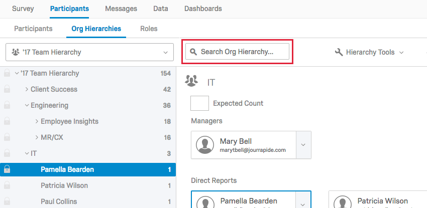 the search at the top of the org hierarchy tab to search for units
