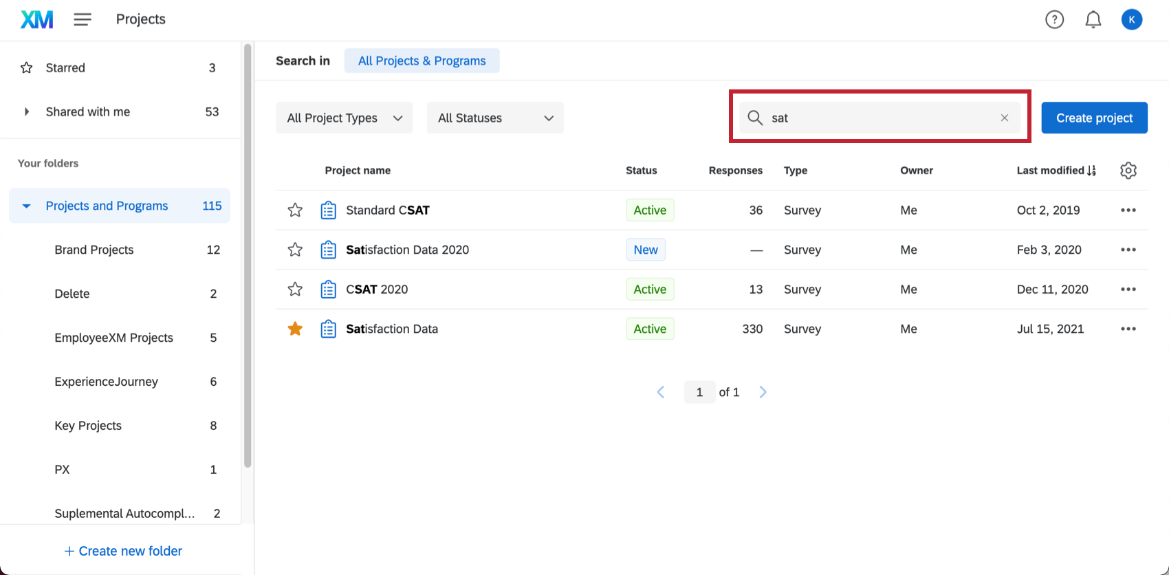 "Sat" is searched in the bar, making only surveys with "sat" in the title appear - such as CSAT and Satisfaction surveys