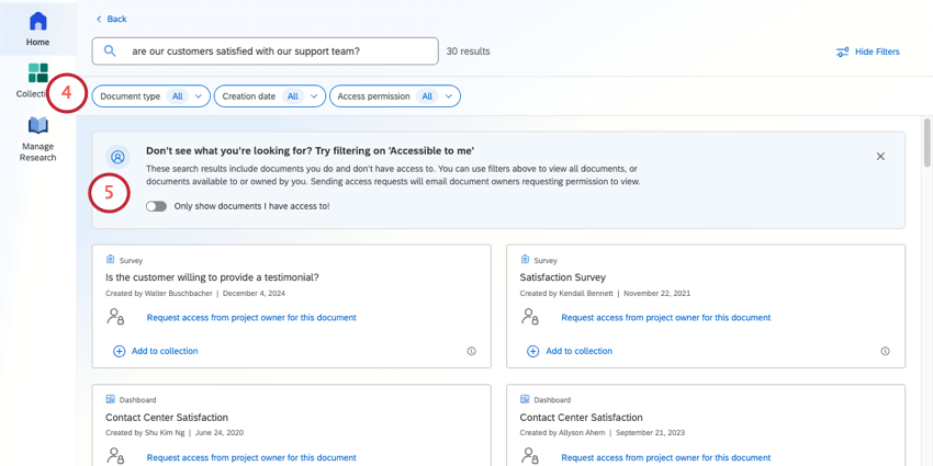 Image of search results; beneath the search bar is a warning about documents you have access to and some filters you can use to narrow down results