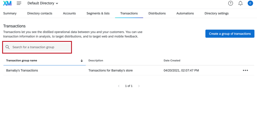la barre de recherche en haut de longlet Transactions