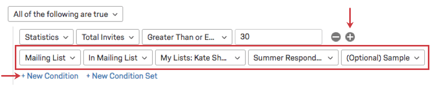 Le signe plus suivant la première condition et le bouton "Nouvelle condition" au bas du filtre sont surlignés pour indiquer quils ont créé la deuxième condition