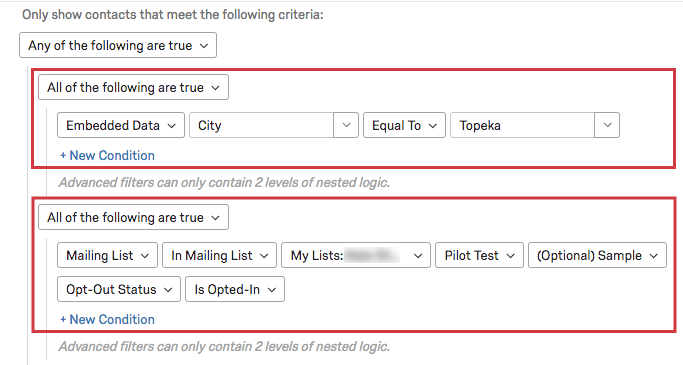 There are two condition sets indented on the same level that start with all of the following are true. These two sets are indented under an Any of the following are true