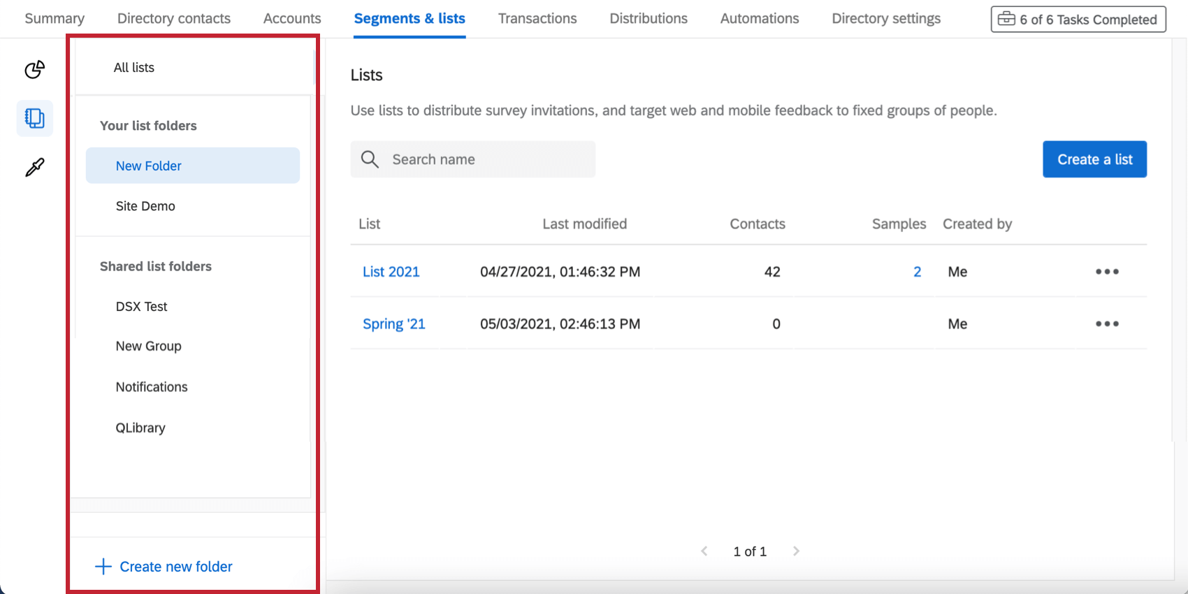 on far left of lists tab, folders are listed