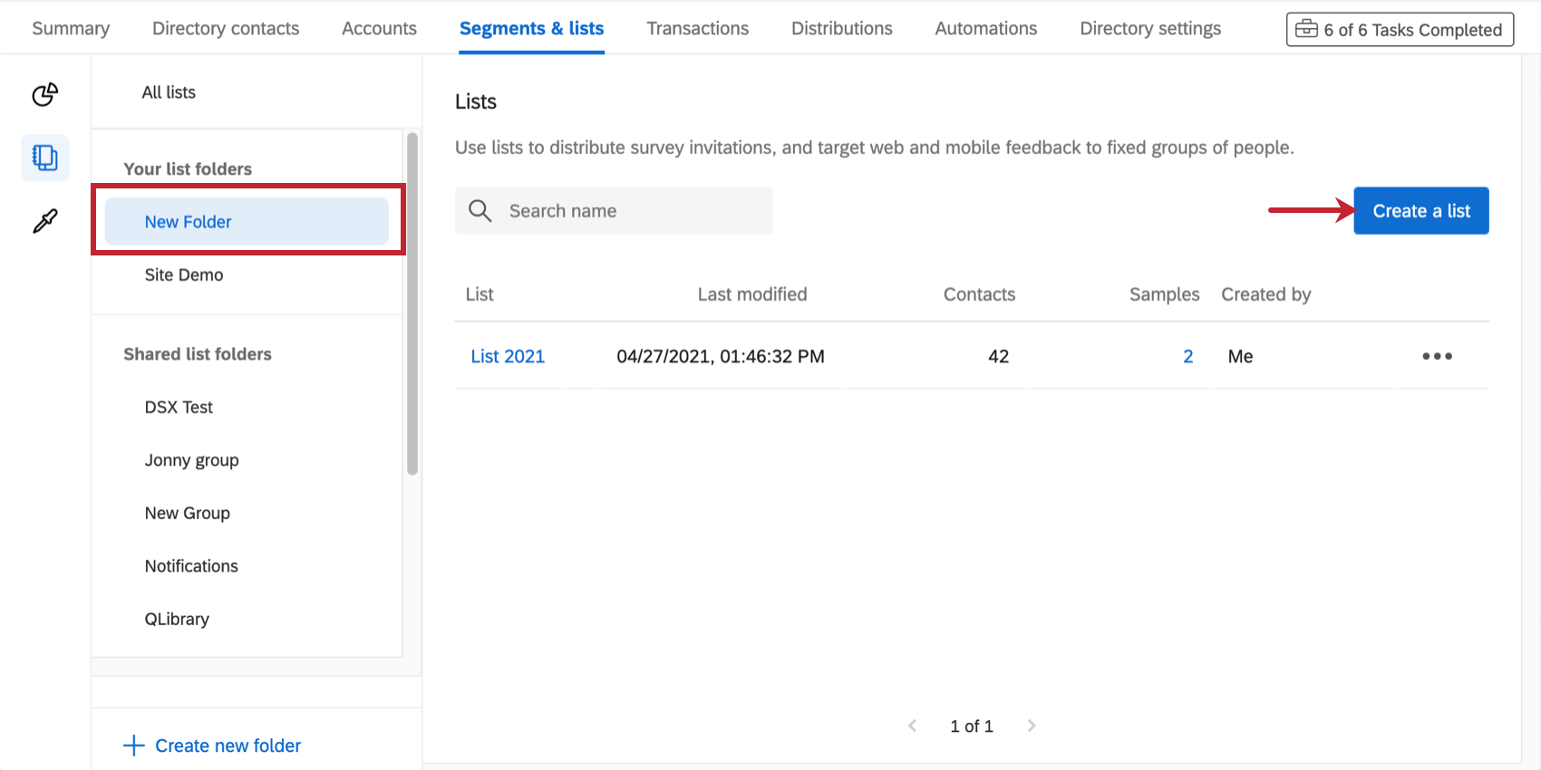 Image of a folder being selected and the create a mailing list button being pointed to