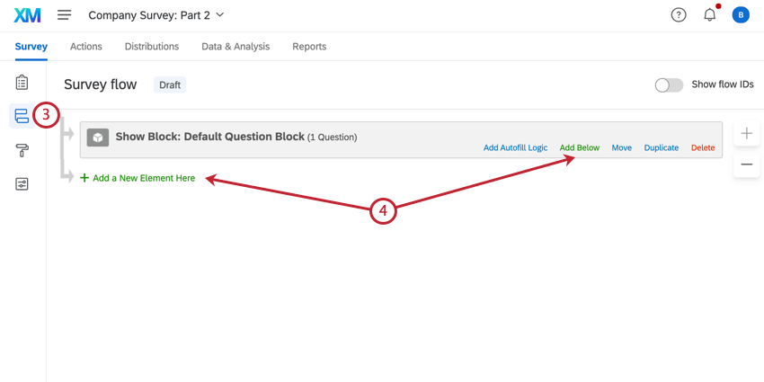 navigating to survey flow and clicking add a new element here