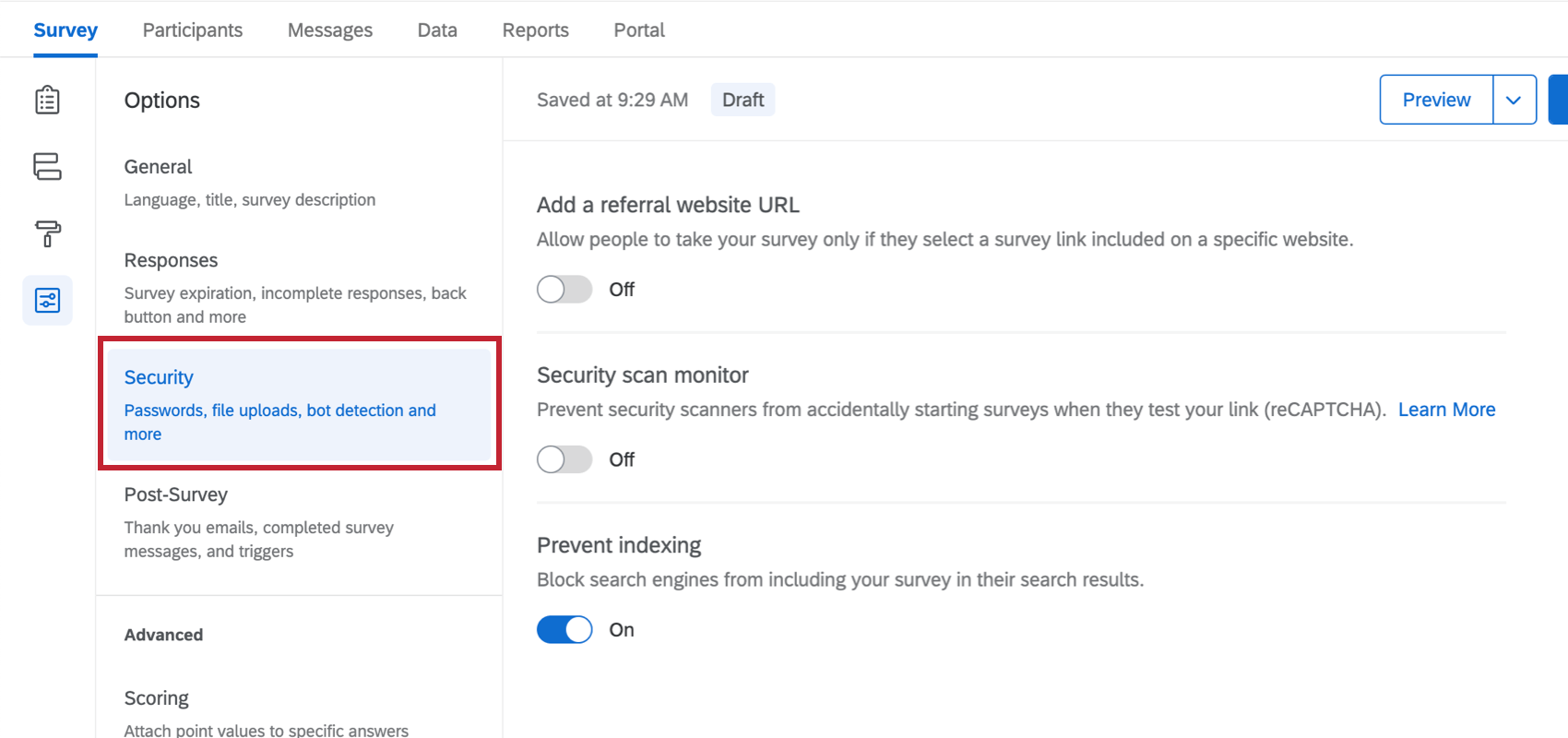 Security section of survey options