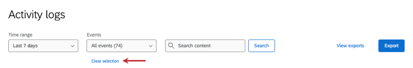activity logs menu with time range and events selectors; under the events menu is a clear selection button in blue
