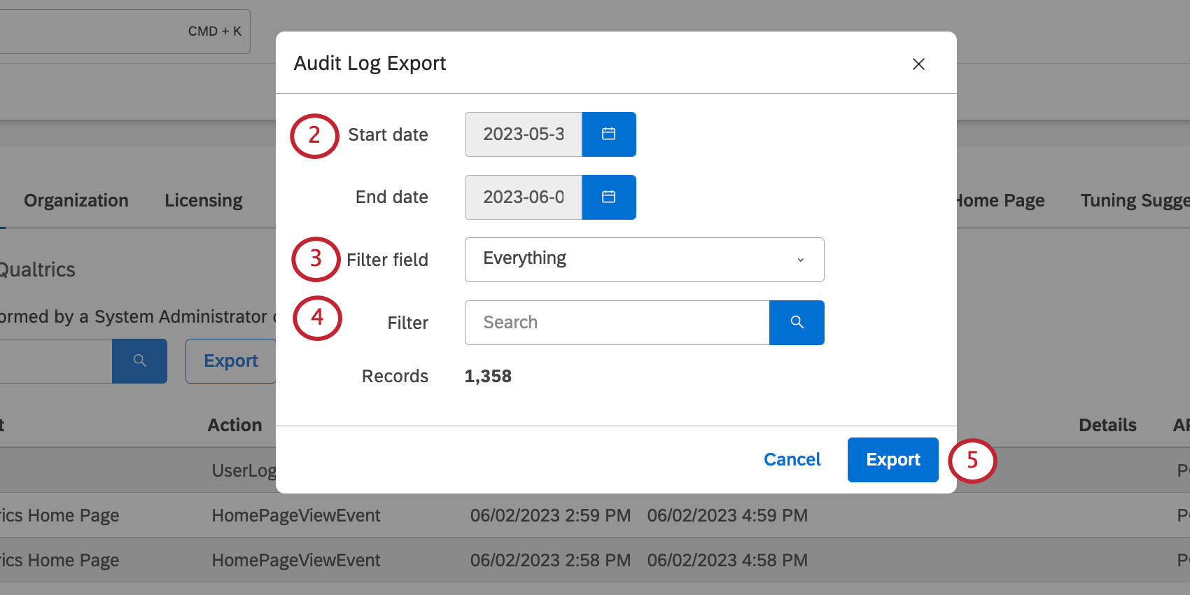 new window for setting audit log export