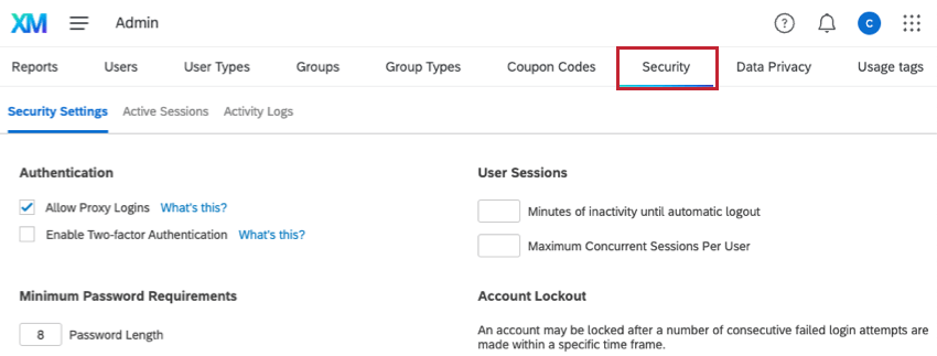 Security tab on the upper-right Admin page