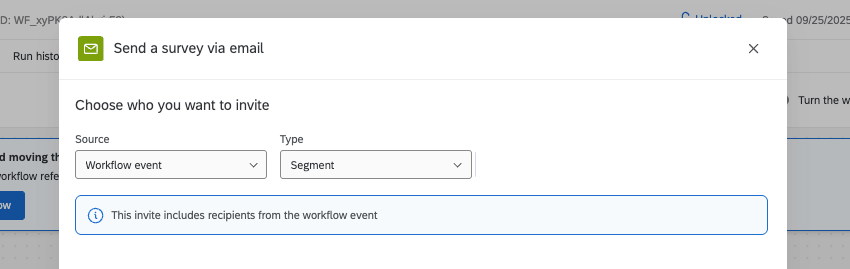 de um fluxo de trabalho em que você configurou uma tarefa de e-mail envio por e-mail. Você pode selecionar as informações evento de segmento para seus destinatários