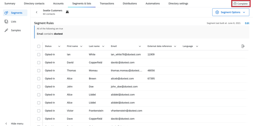 Completed message highlighted at the top right of the screen