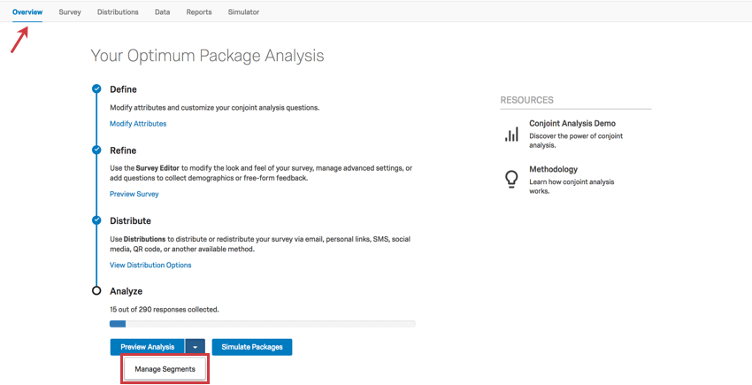Manage Segments dropdown appears beneath blue arrow at bottom of Overview tab