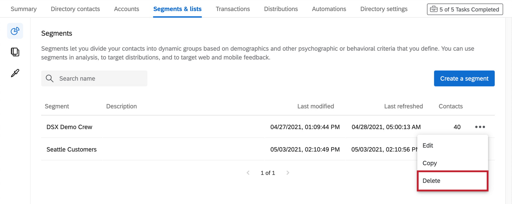 Dropdown next to segment expanded, third option to delete it