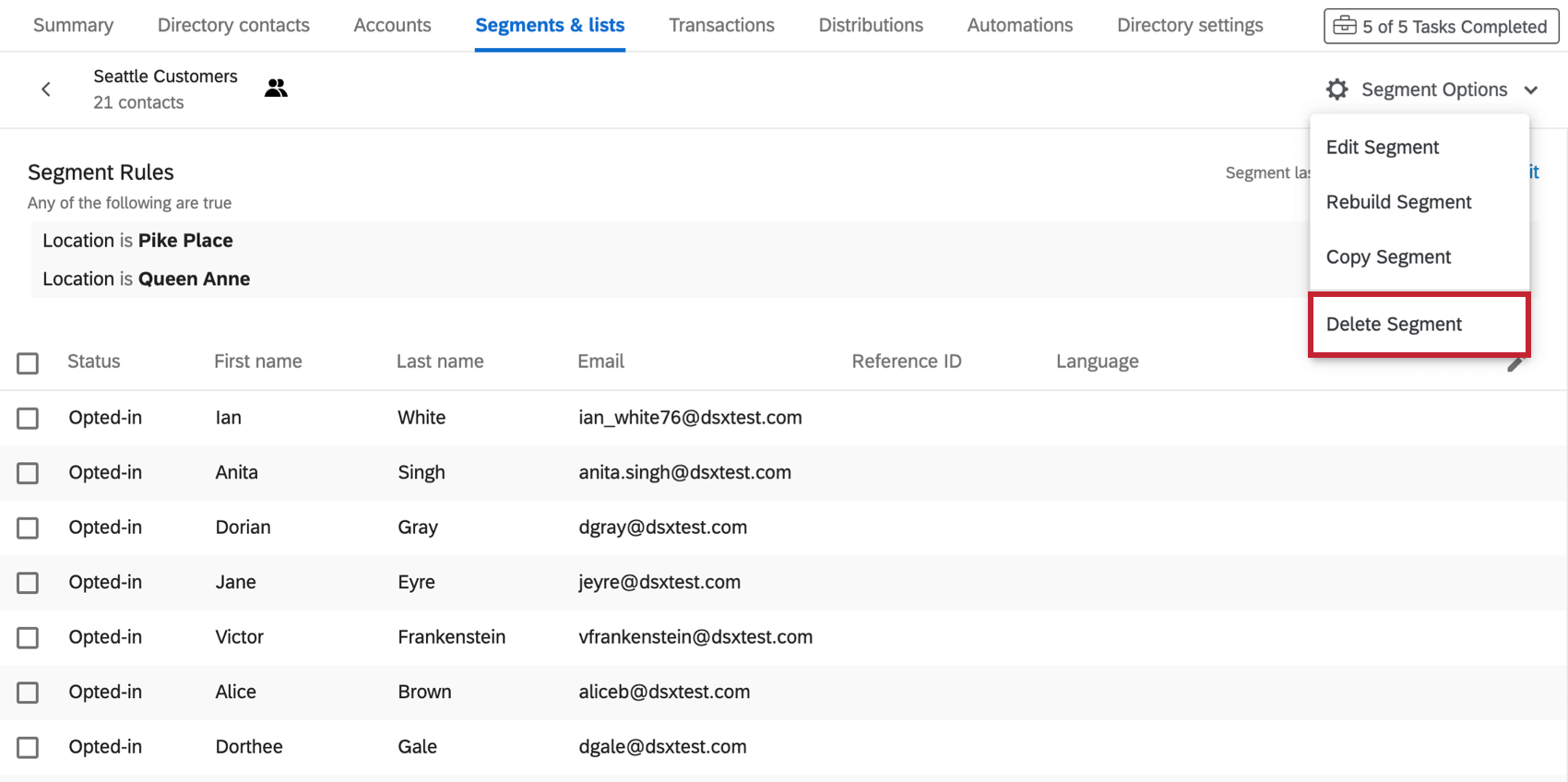 Inside a segment, fourth option in segment options dropdown is to delete it