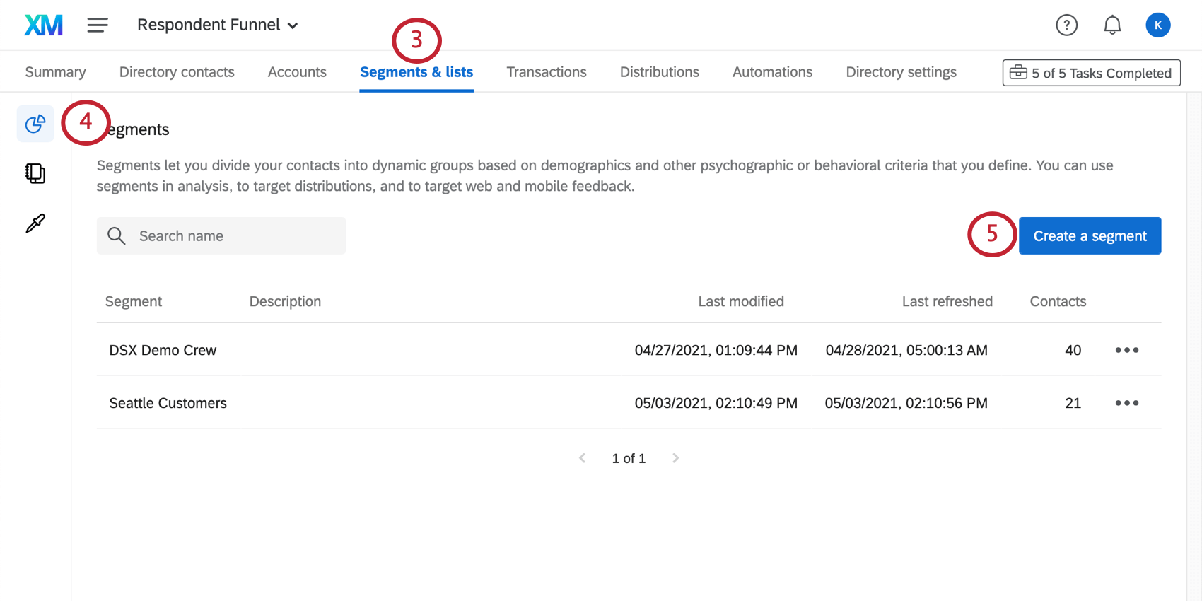 Imagem mostra a guia segments and lists (segmentos e listas) do diretório, especificamente a seção segments (segmentos)