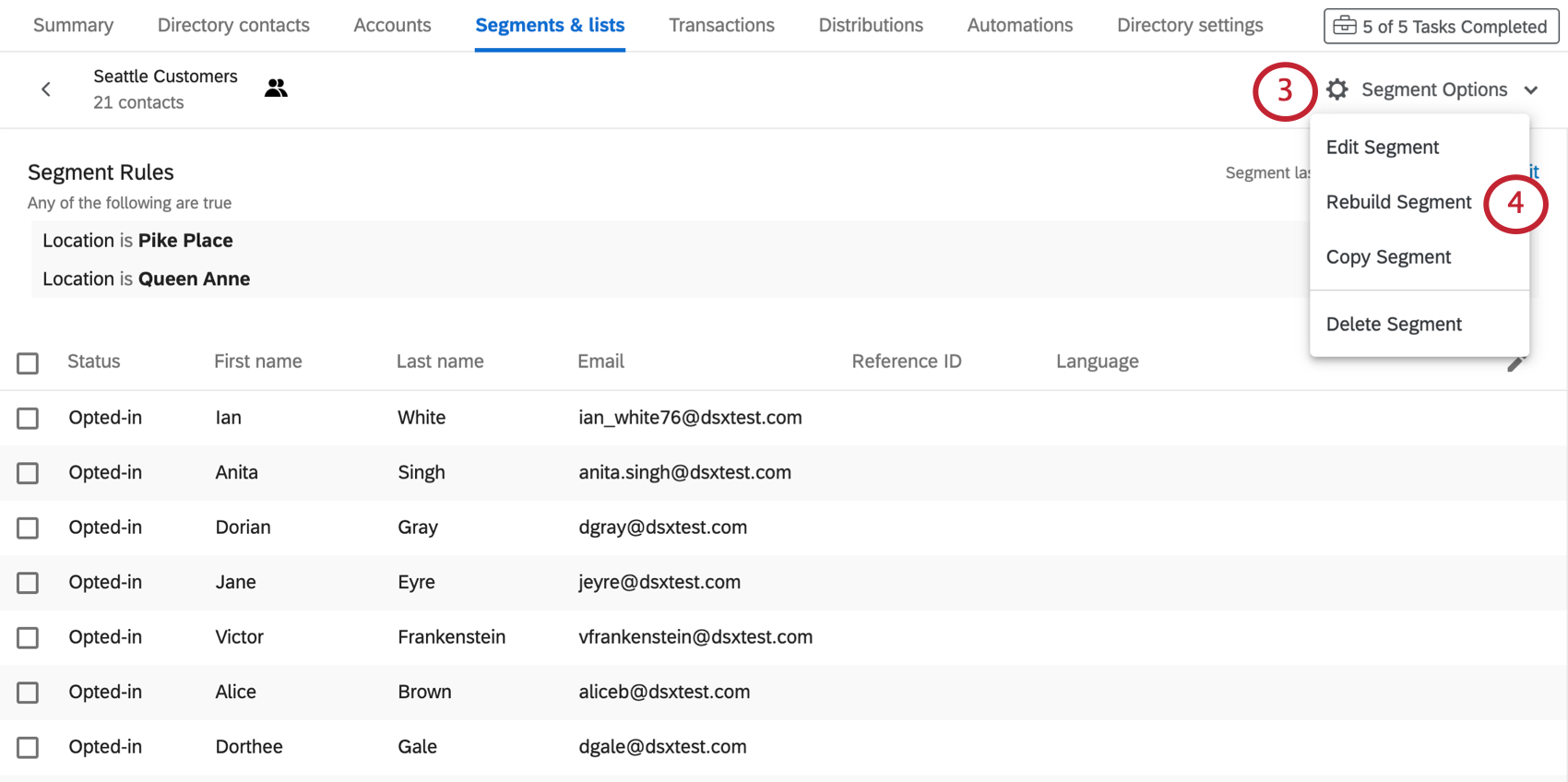 Once inside segment, "segment options" button