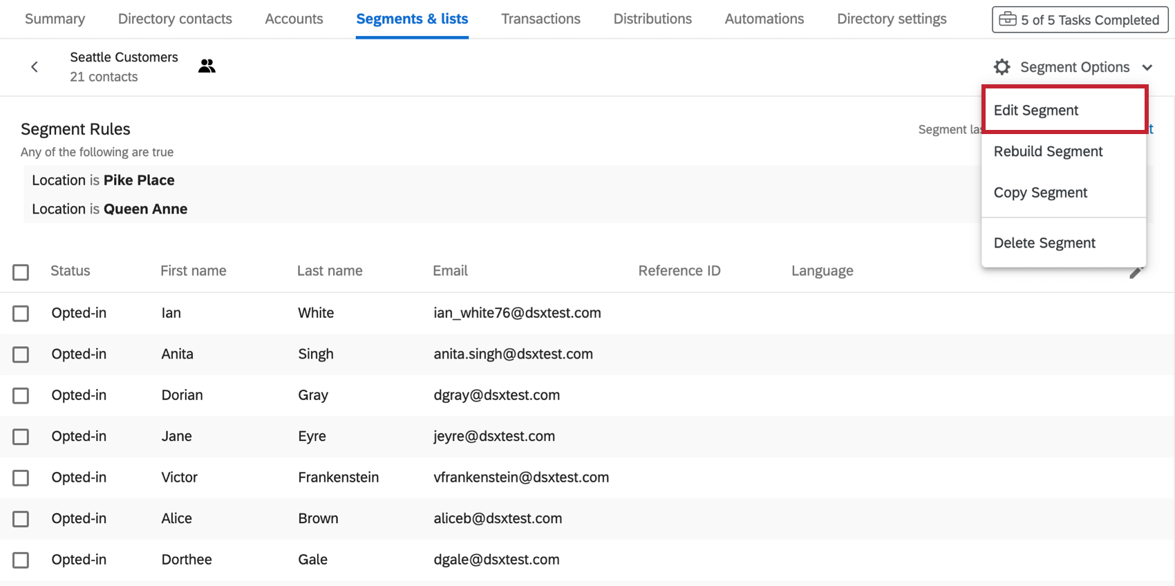 Innerhalb eines Segments besteht die erste Option in der Dropdown-Liste für die Segmentoptionen darin, es zu bearbeiten.